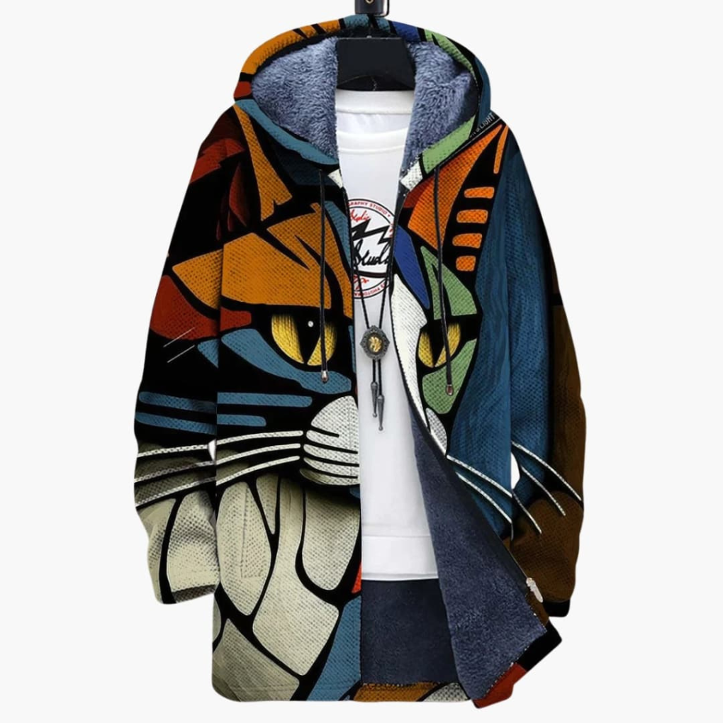 Unisex hettejakke med glidelås og kattetrykk design