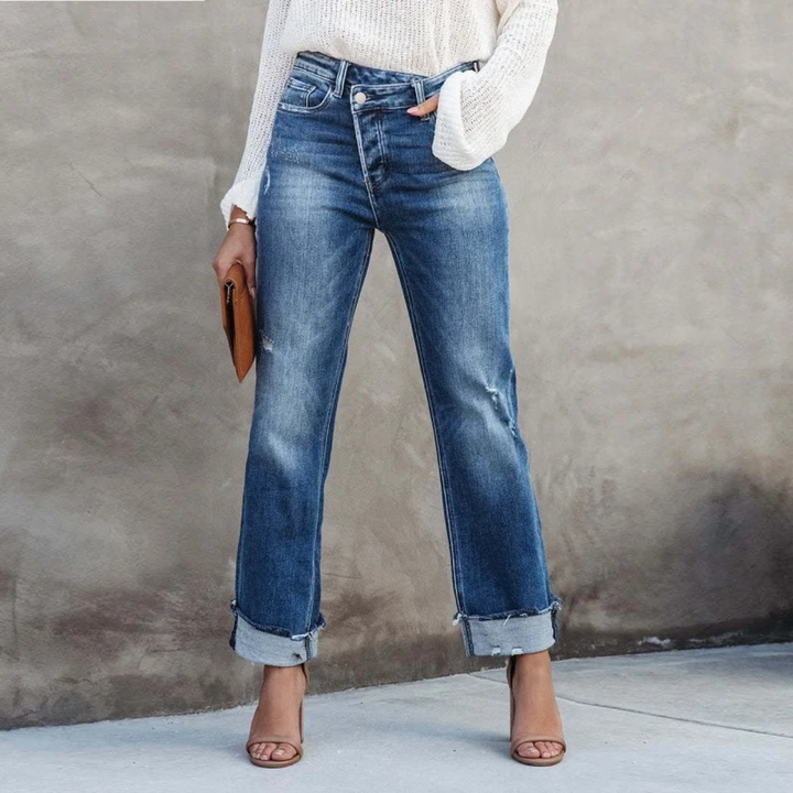 Bekväma denimbyxor med hög midja för kvinnor