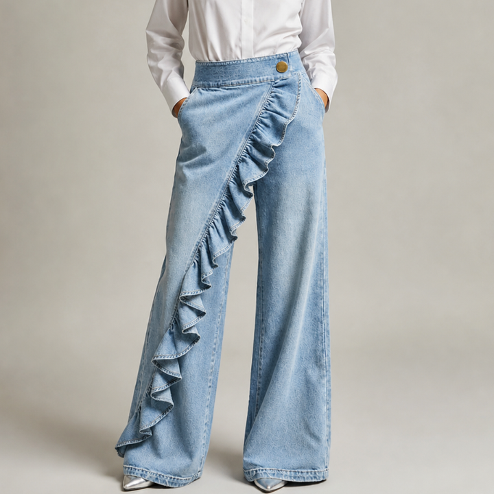 Vida jeansbyxor för dam med asymmetrisk volang i culotte-stil.