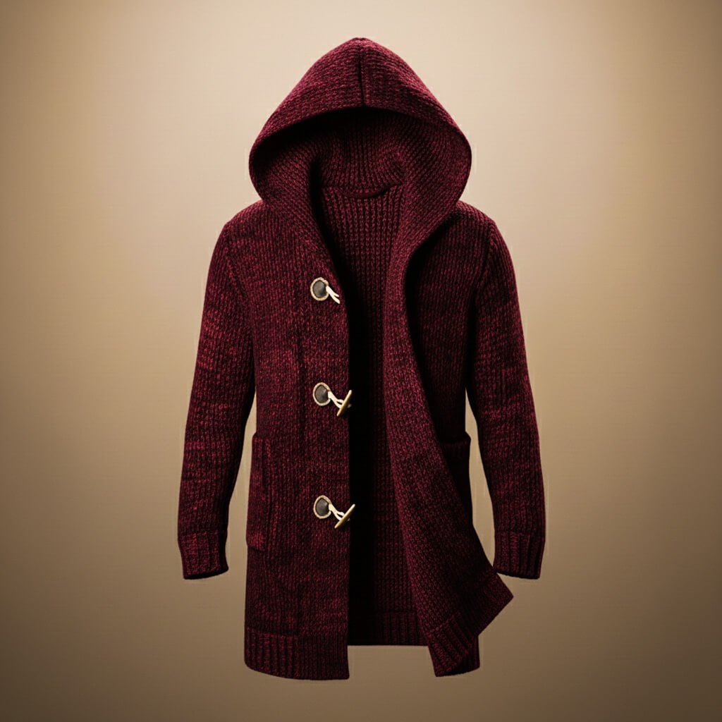 Stickad cardigan herr med huva – Chunky knit duffel-cardigan