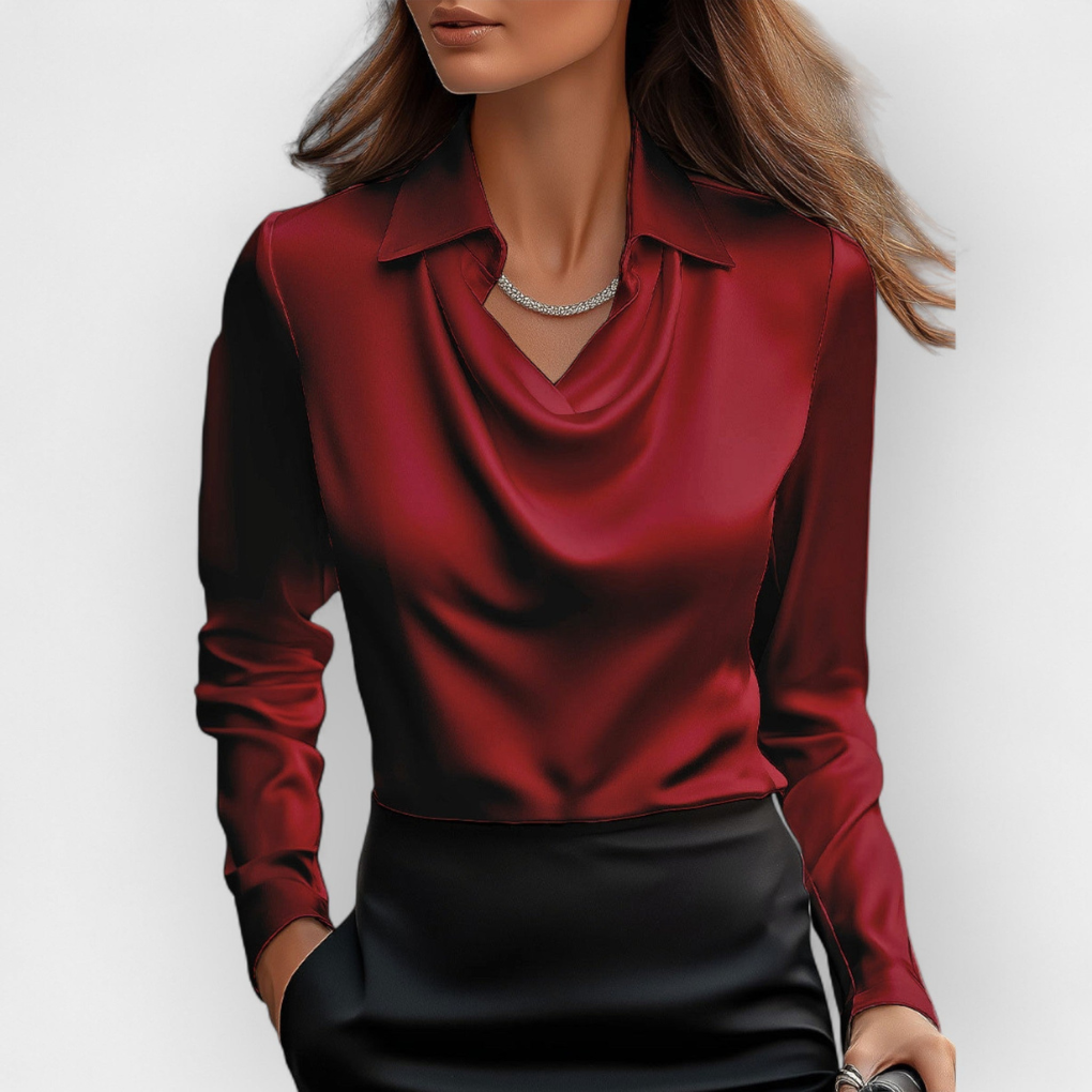 Elegant satinblus med vattenfallskrage