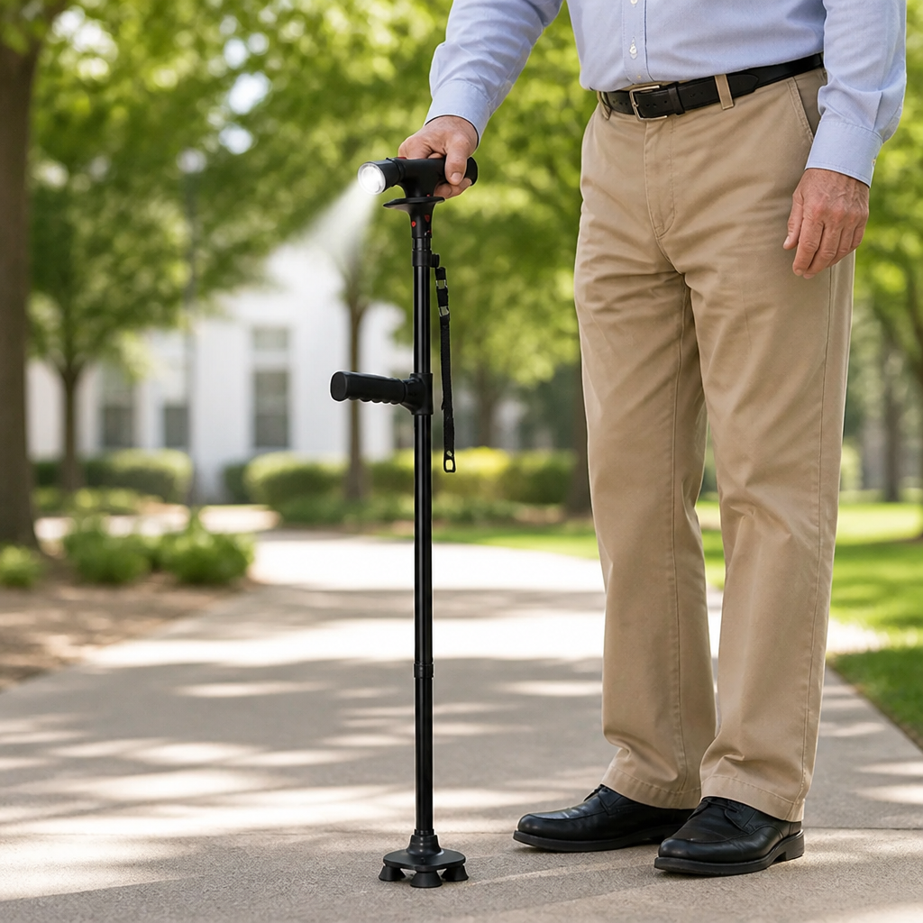 Lätt hopfällbar promenadkäpp i aluminium med fyrpunktsbas, LED-ljus och alarm