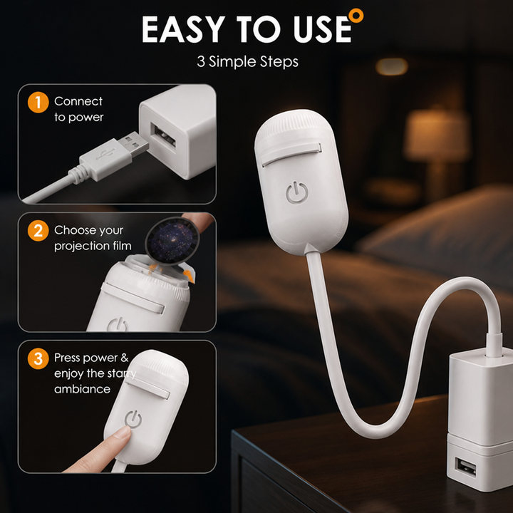 2-i-1 stjärnprojektor och varm nattlampa med utbytbara folier, USB-driven