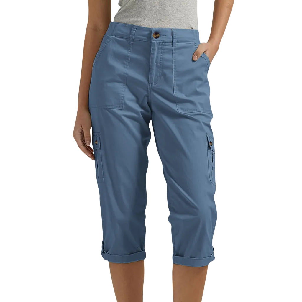 Solid Color Casual Cropped Pants - Women's High Waist Multiple Pockets Capri Trousers for Daily Wear