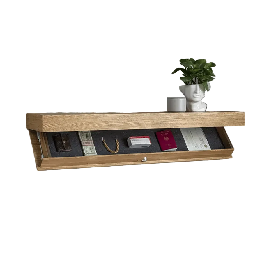 Vägghylla i massivt trä med dolt fack | minimalistisk design