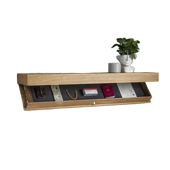 Vägghylla i massivt trä med dolt fack | minimalistisk design