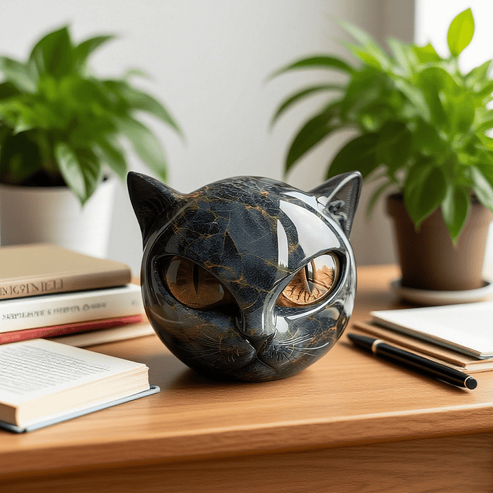NoirCat-skulptur – svart katthuvud med hypnotiska ögon