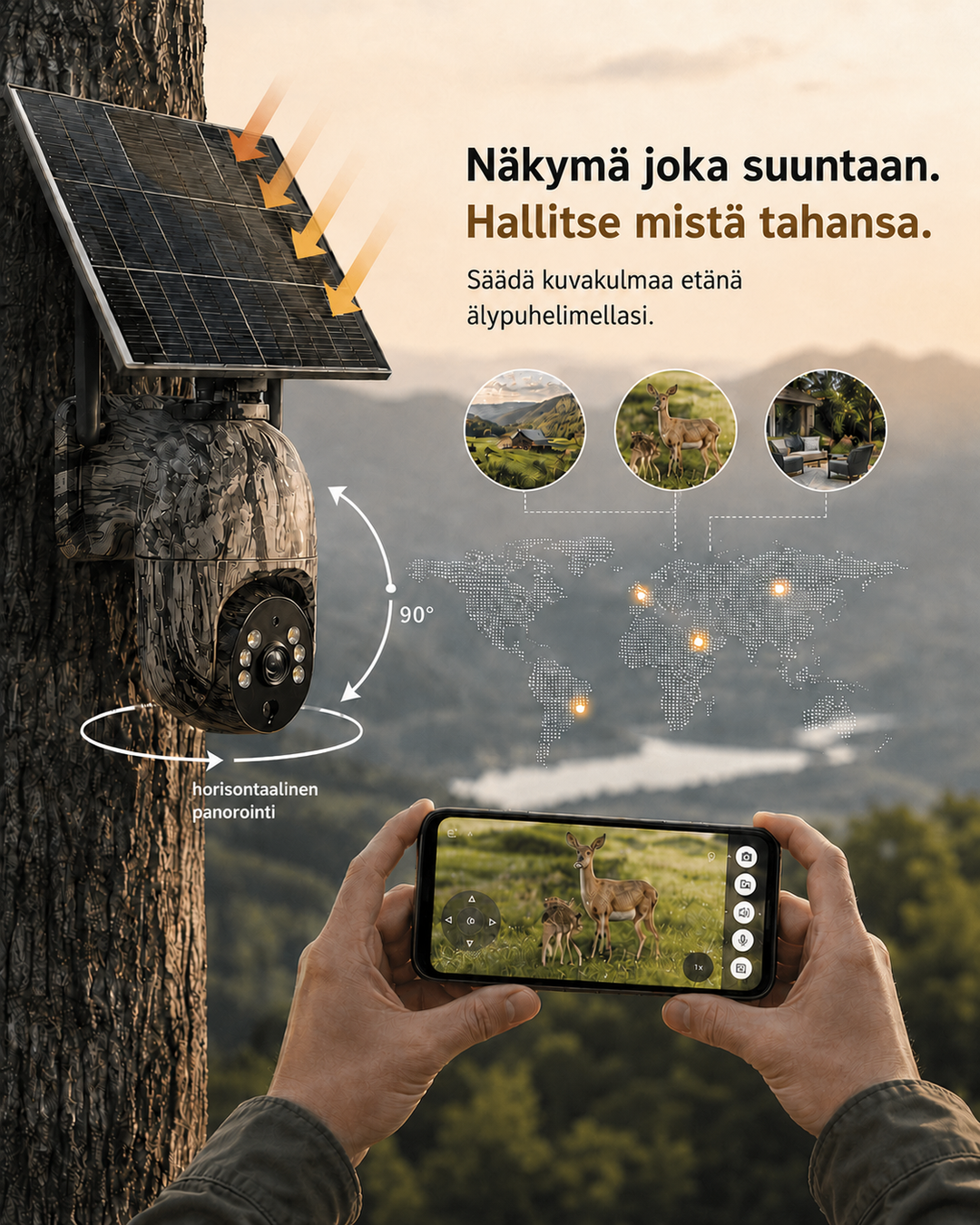 Soldriven trådlös övervakningskamera med 4G LTE eller wifi, 2K, PTZ, mörkerseende