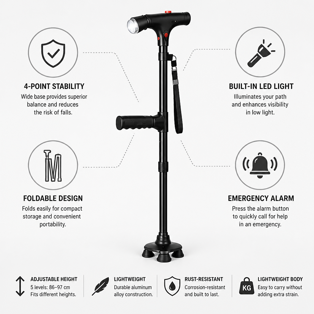 Lätt hopfällbar promenadkäpp i aluminium med fyrpunktsbas, LED-ljus och alarm