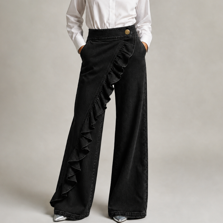 Vida jeans för dam med asymmetrisk volang, culotte-stil