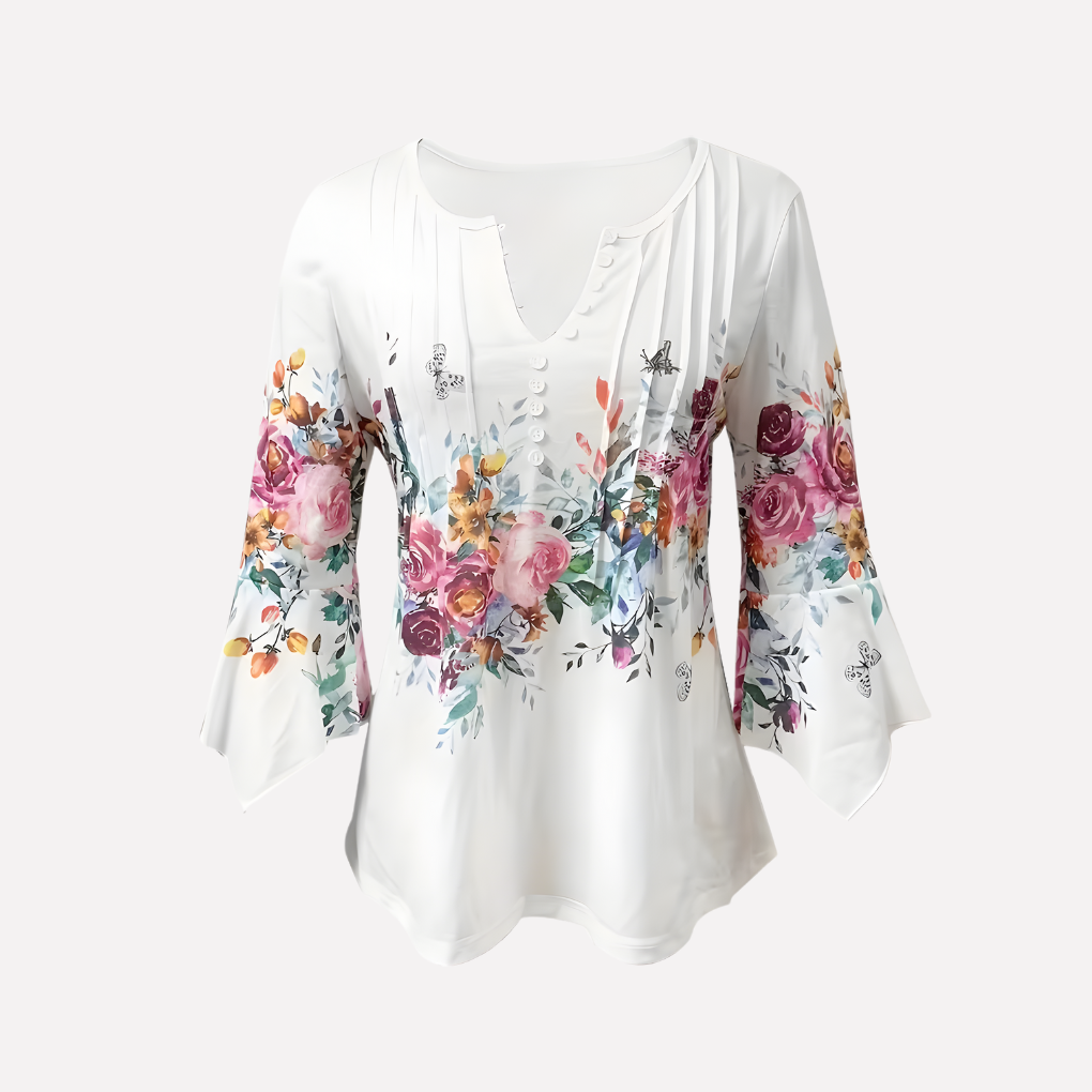 Dambluse med V-udskæring og blomsterprint