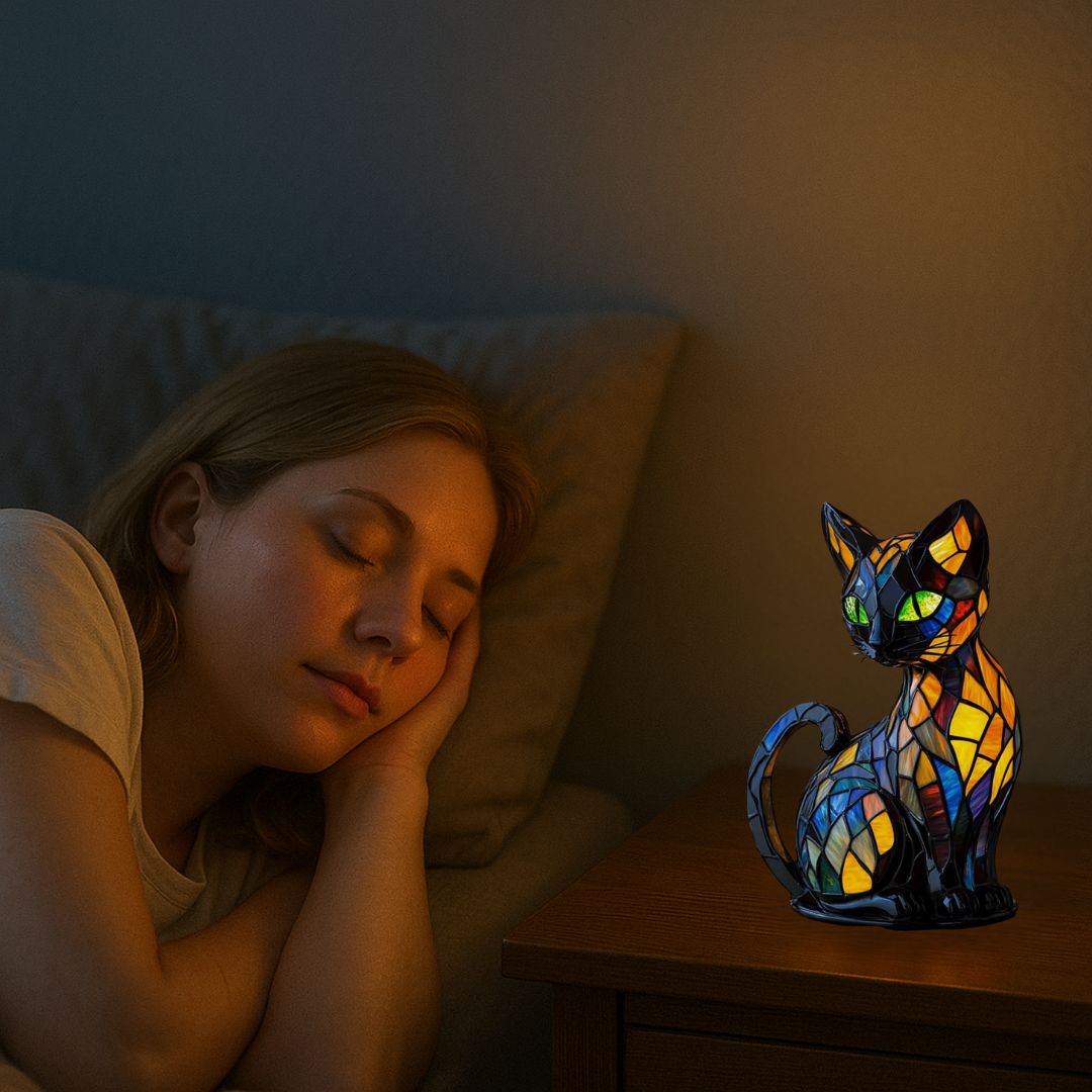 Dekorativ kattformad lampa med mosaikdesign och varmt stämningsljus – elegant heminredning