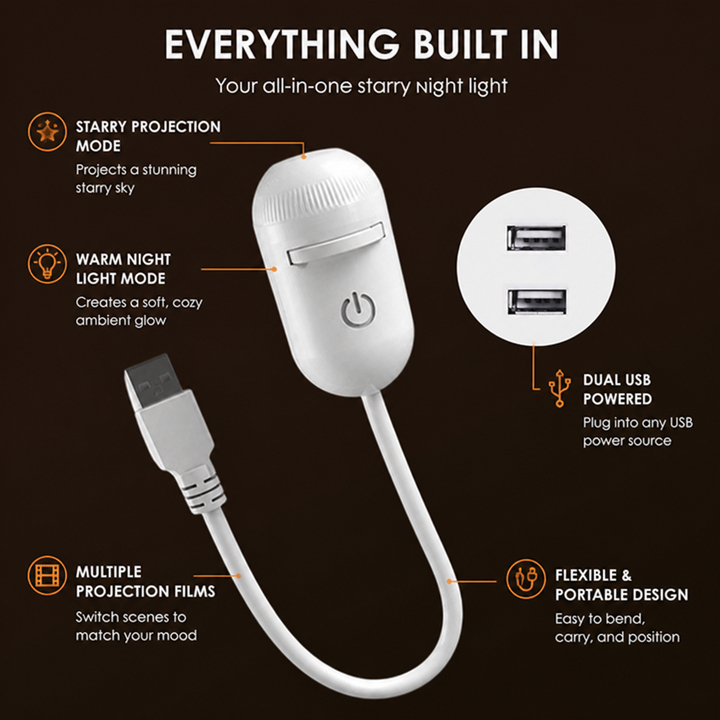 2-i-1 stjärnprojektor och varm nattlampa med utbytbara folier, USB-driven