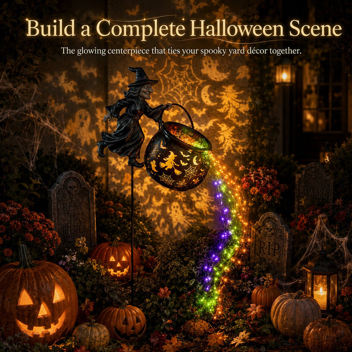 Halloween-trädgårdslampa i form av häxkittel med färgglatt sken och kusliga projektioner