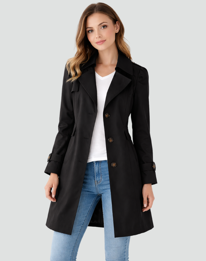 Figursydd trenchcoat dam med klassiska slag, mellanlång