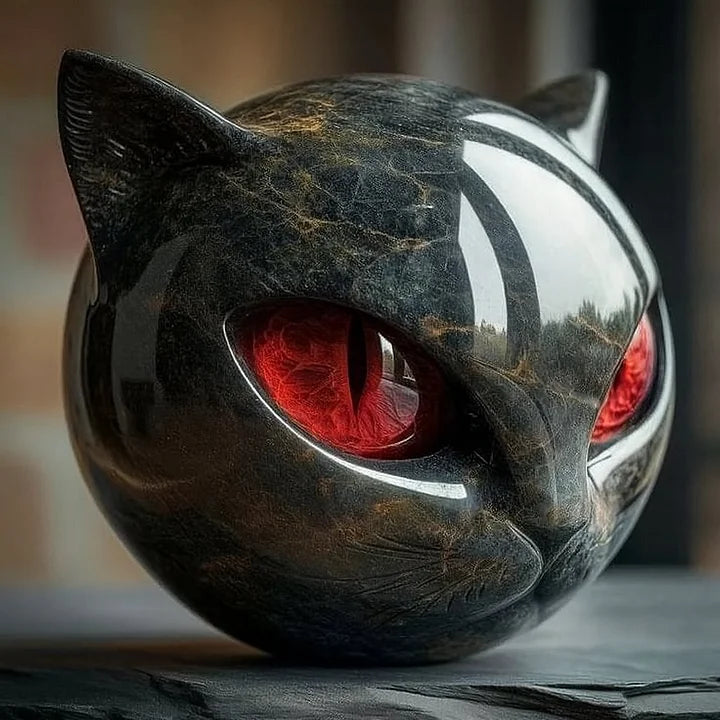 NoirCat-skulptur – svart katthuvud med hypnotiska ögon