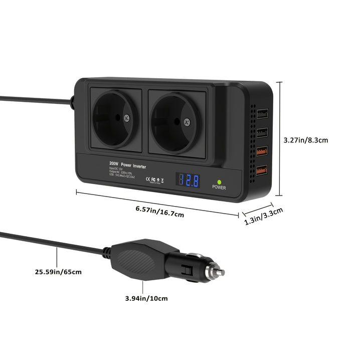 Kompakt bilväxelriktare 200W – Dubbla uttag & fyra USB-portar
