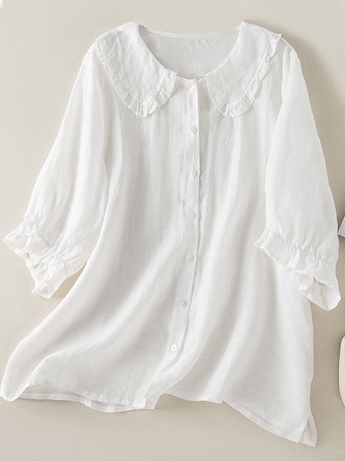 Löysä naisten pusero pehmeästä kankaasta/kevyt kesäkangas Peter Pan -kauluksella ja röyhelöillä