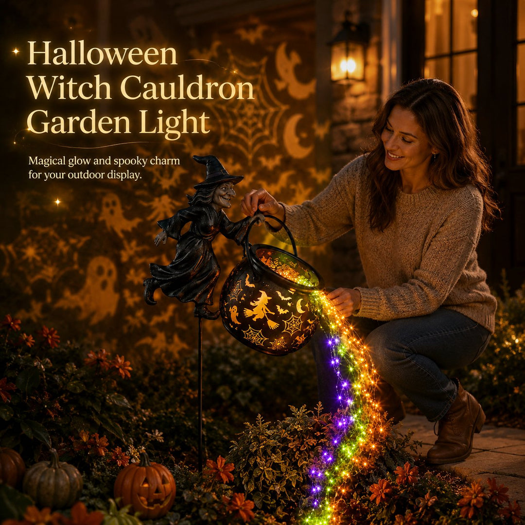 Halloween-trädgårdslampa i form av häxkittel med färgglatt sken och kusliga projektioner