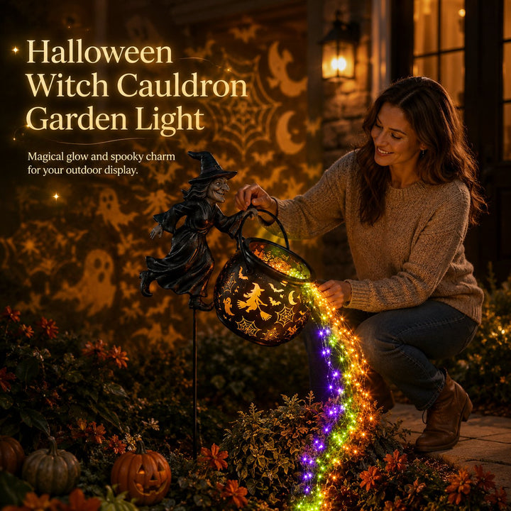Halloween-trädgårdslampa i form av häxkittel med färgglatt sken och kusliga projektioner