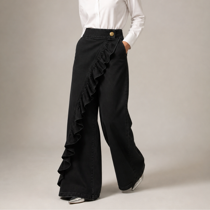 Vida jeans för dam med asymmetrisk volang, culotte-stil