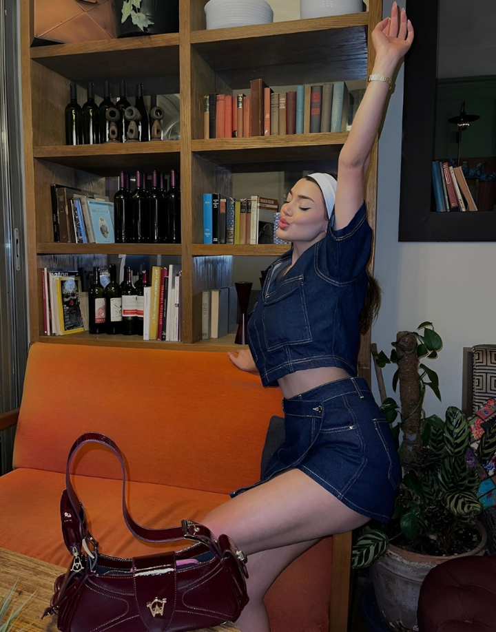 Todelt denim sæt med top og nederdel