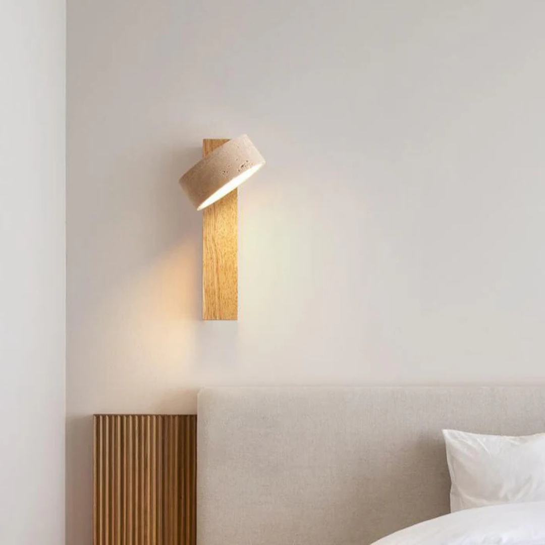 Wabi-sabi LED-vägglampa i travertin och trä med 1 ljuskälla