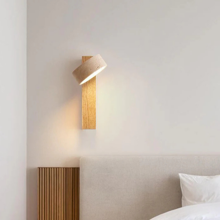 Wabi-sabi LED-vägglampa i travertin och trä med 1 ljuskälla