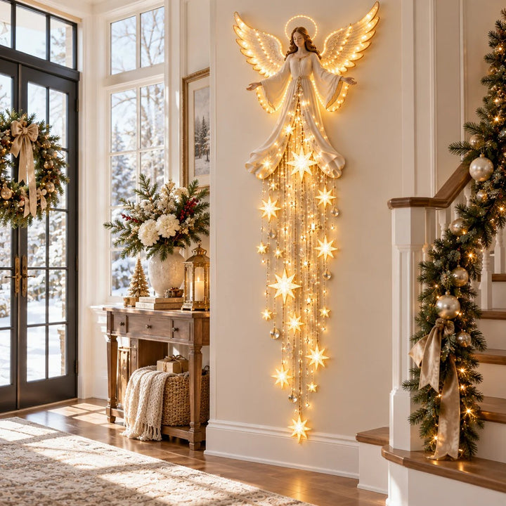Ängel julvägglampa med gloria och fallande stjärnor, varmvit