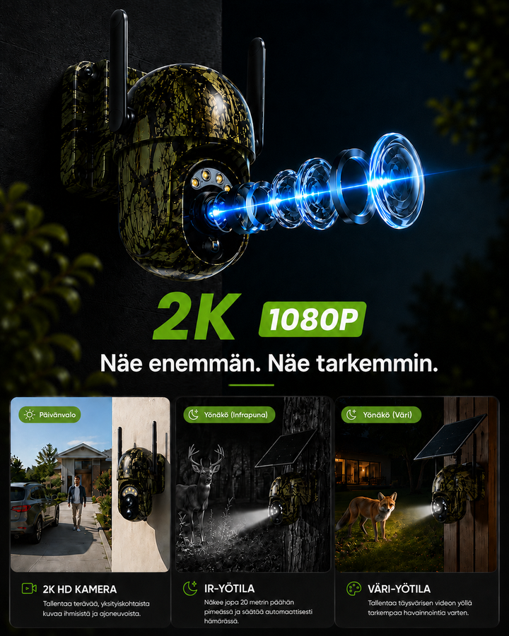 Soldriven trådlös övervakningskamera med 4G LTE eller wifi, 2K, PTZ, mörkerseende