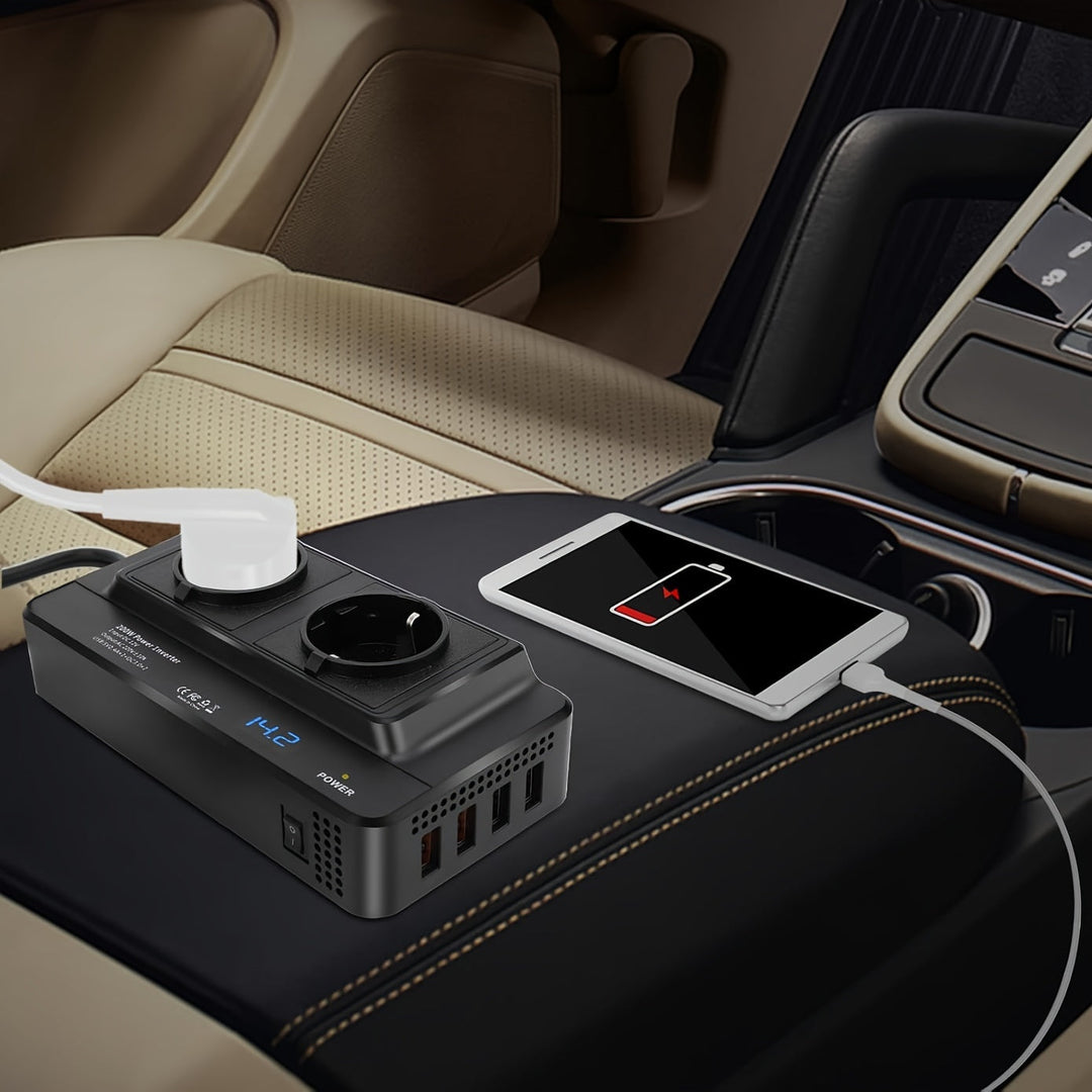 Kompakt bilväxelriktare 200W – Dubbla uttag & fyra USB-portar