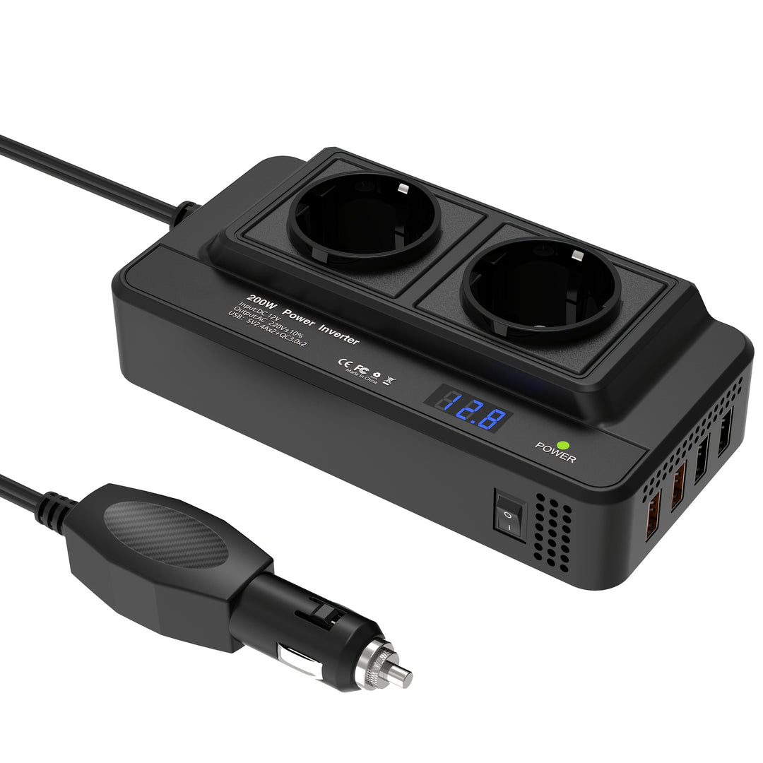 Kompakt bilväxelriktare 200W – Dubbla uttag & fyra USB-portar