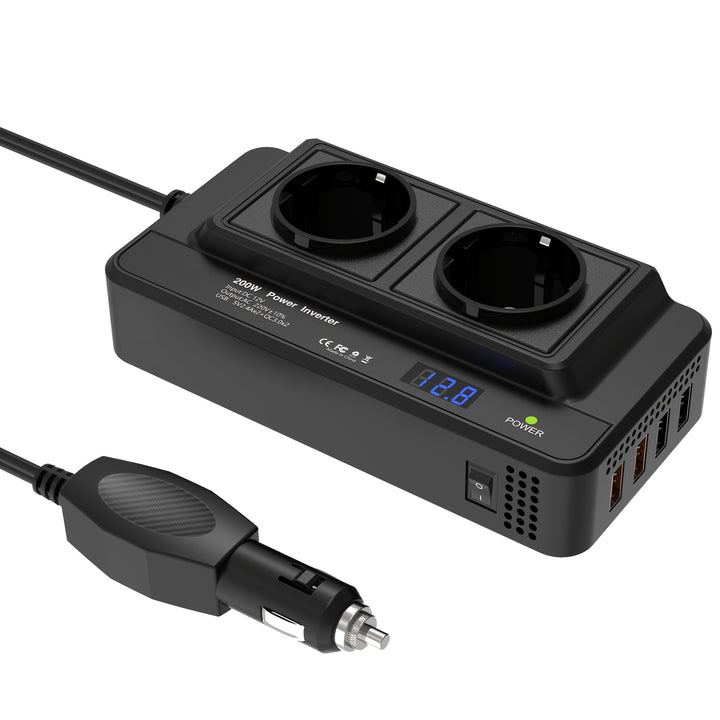 Kompakt bilväxelriktare 200W – Dubbla uttag & fyra USB-portar