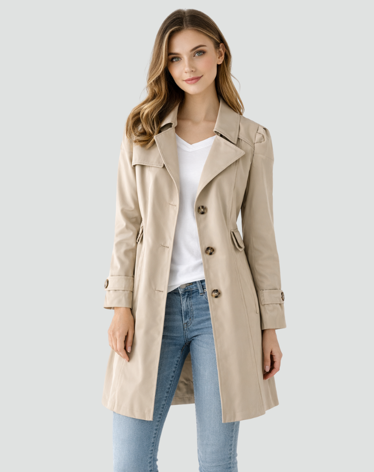 Figursydd trenchcoat dam med klassiska slag, mellanlång