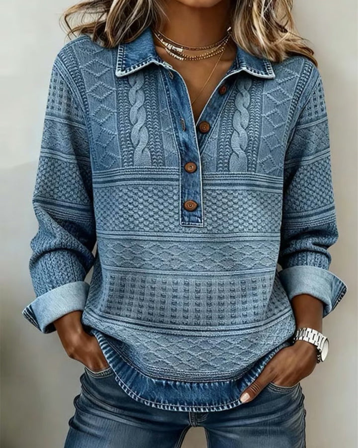 Sweatshirt för dam med skjortkrage och mönstrad knapplist