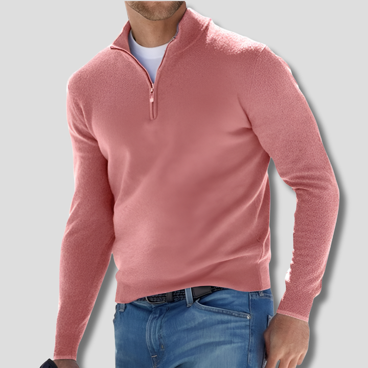 Herresweater i blødt stofstrik med lynlås i kraven