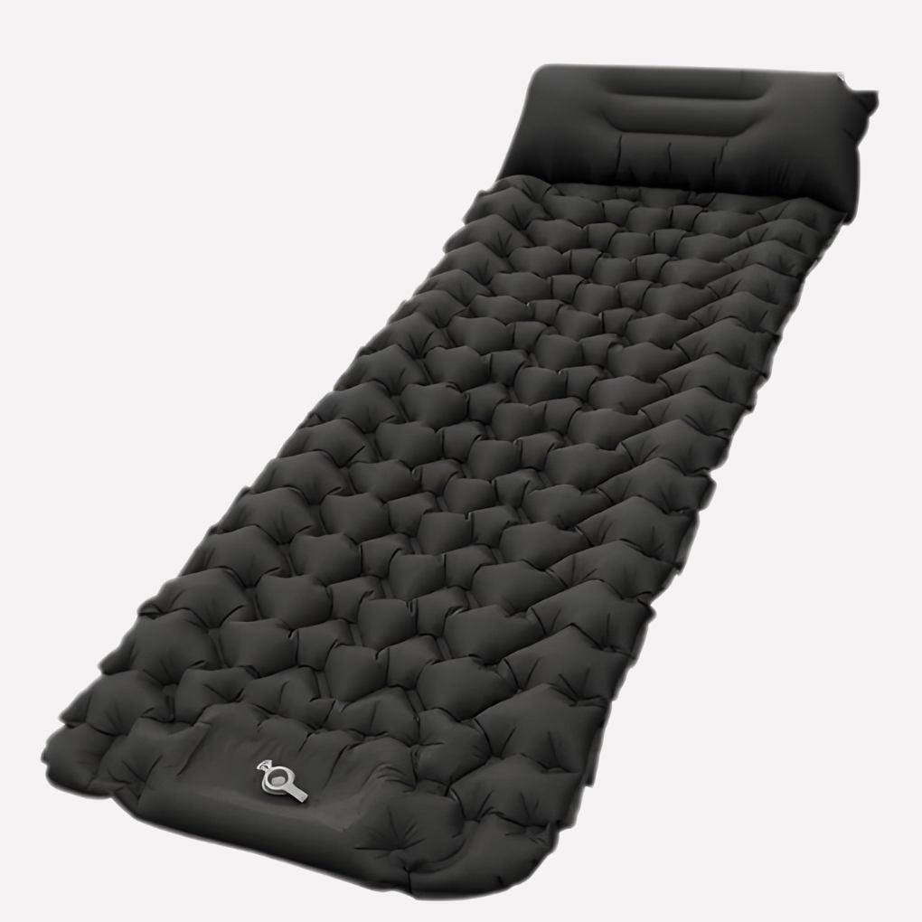 Oppblåsbar campingmatte med integrert pumpe og pute