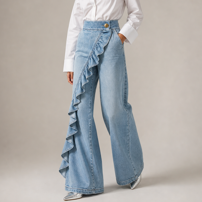 Vida jeansbyxor för dam med asymmetrisk volang i culotte-stil.