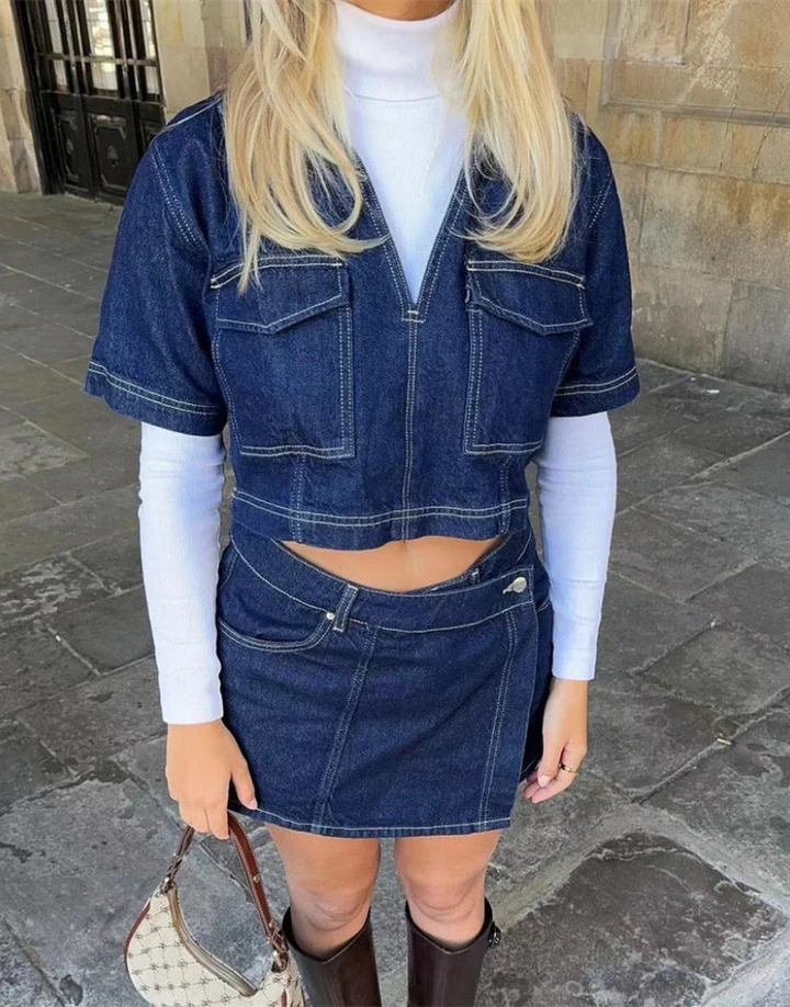 Todelt denim sæt med top og nederdel