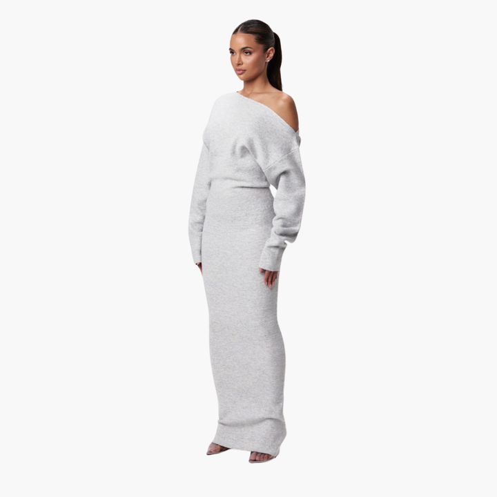 Off-Shoulder Stickad Klänning för Kvinnor – Elegant Aftonklänning