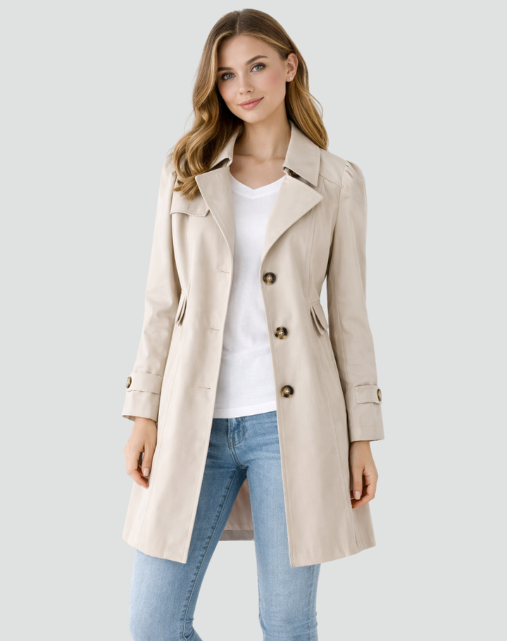 Figursydd trenchcoat dam med klassiska slag, mellanlång