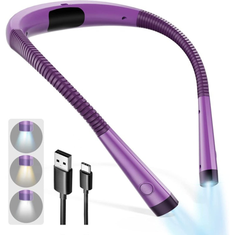 LED-läslampa för nacken, läslampa för sängen, 3 färger, 6 ljusstyrkenivåer, böjlig arm, uppladdningsbar, hållbar, perfekt för läsning, stickning, camping, reparationer