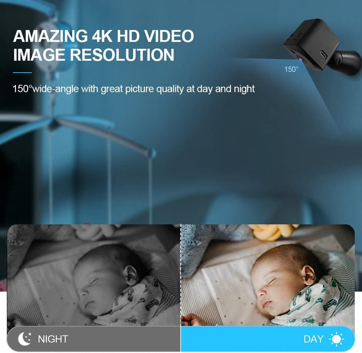 Minibevakningskamera 4K med Wi-Fi, dold inomhuskamera och mörkerseende