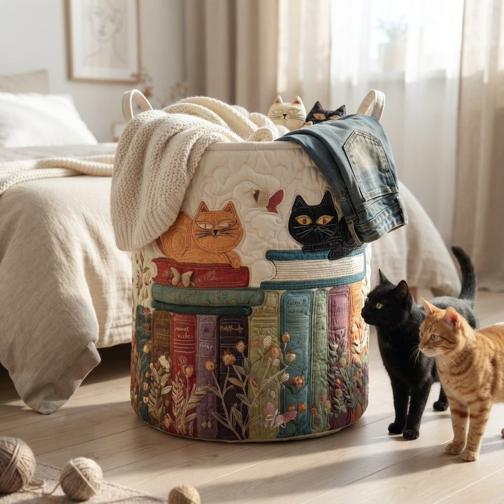 Quiltad tvättkorg med kattmönster, hopfällbar tvättkorg i tyg med handtag