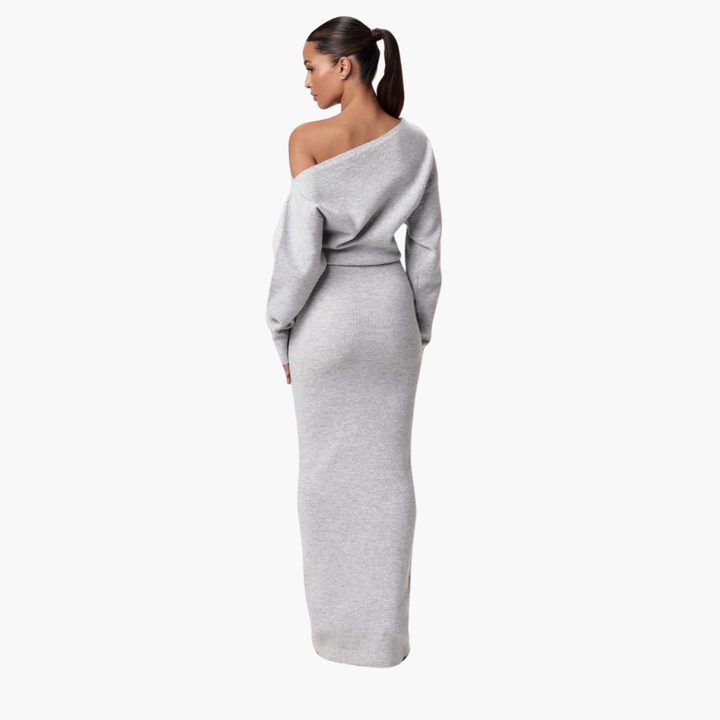Off-Shoulder Stickad Klänning för Kvinnor – Elegant Aftonklänning