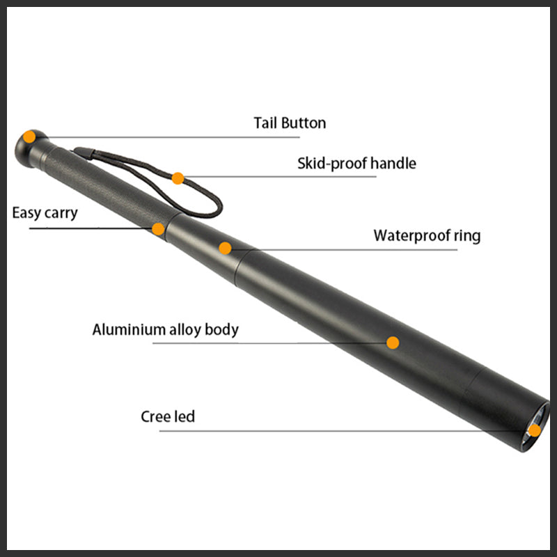 LED-ficklampa formad som ett basebollträ | Aluminiumlegering, 3 belysningslägen | För nödsituationer och allmänt bruk