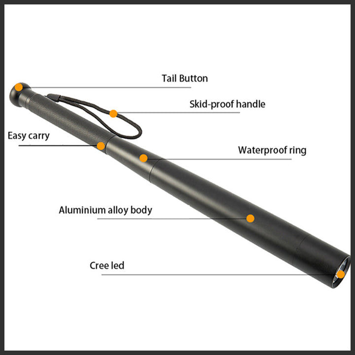 LED-ficklampa formad som ett basebollträ | Aluminiumlegering, 3 belysningslägen | För nödsituationer och allmänt bruk