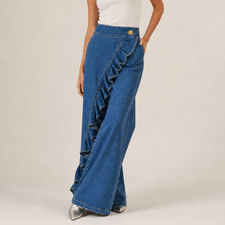 Vida jeansbyxor för dam med asymmetrisk volang i culotte-stil.