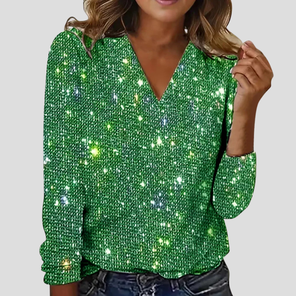 Elegant glimmerbluse med V-udskæring og lange ærmer