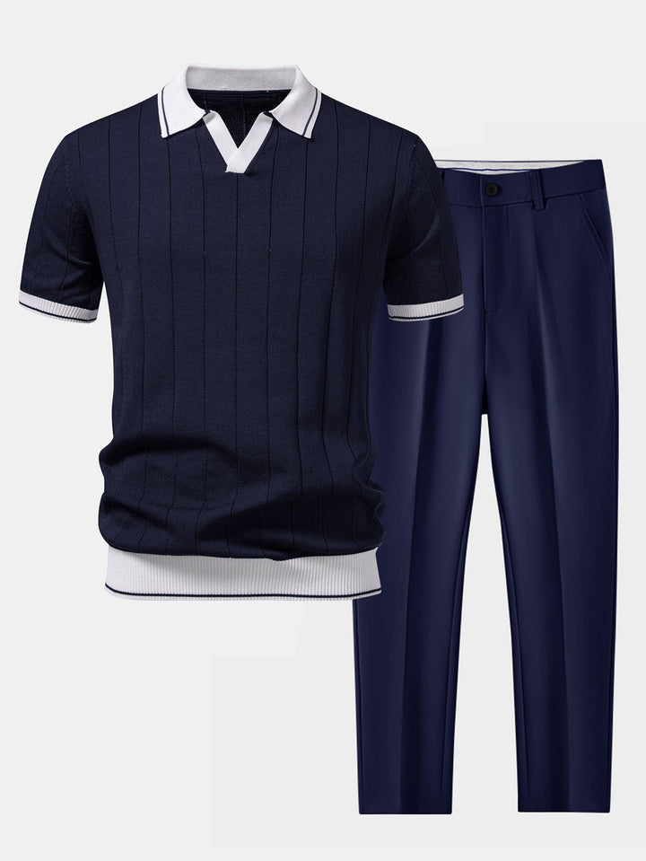 Ribbstickad pikétröja och avsmalnande byxor för herr – smart casual-set